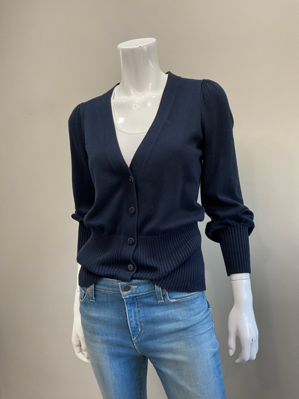 TRINA TURK Navy V-Neck Button Front Cardigan Ribbed Waist Puff Sleeve XS